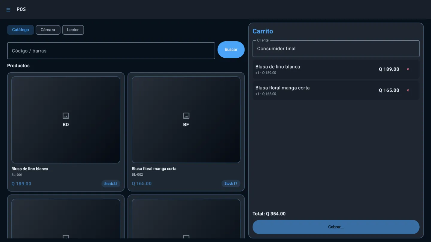 Captura de Bonita POS en Chromebook: catálogo de productos y carrito de venta lado a lado